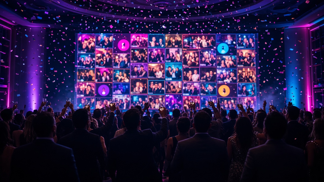 Party guests raising glasses in front of a big screen showing a live wall of event photos